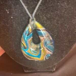 Handmade Art Glass Teardrop Pendant Necklace – Blue Gold Swirl
